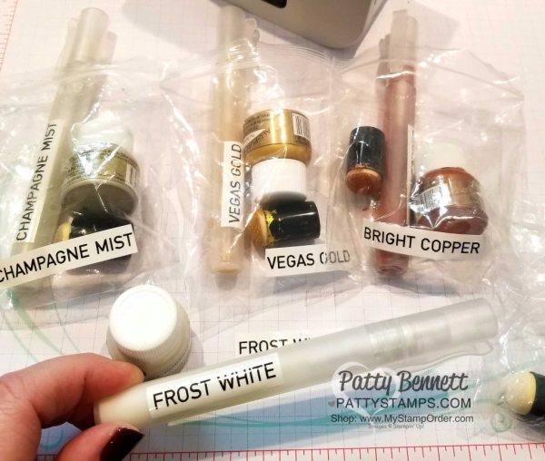 Shimmer Paint Tip!!  Label sponge dauber and Stampin' Spritzer with Brother P-Touch labeler for each color of Shimmer Paint. www.PattyStamps.com