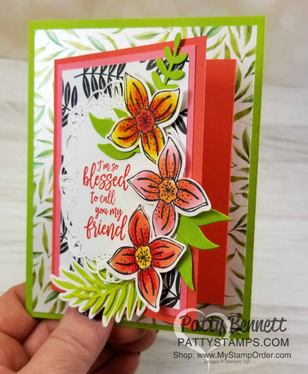 Flower card idea featuring Stampin UP! Pop of Petals flower stamp set and Four Petal Flower punch, by Patty Bennett, www.PattyStamps.com Flower card idea featuring Stampin UP! Pop of Petals flower stamp set and Four Petal Flower punch, by Patty Bennett, www.PattyStamps.com