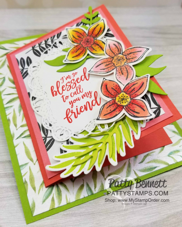 Flower card idea featuring Stampin UP! Pop of Petals flower stamp set and Four Petal Flower punch, by Patty Bennett, www.PattyStamps.com Flower card idea featuring Stampin UP! Pop of Petals flower stamp set and Four Petal Flower punch, by Patty Bennett, www.PattyStamps.com