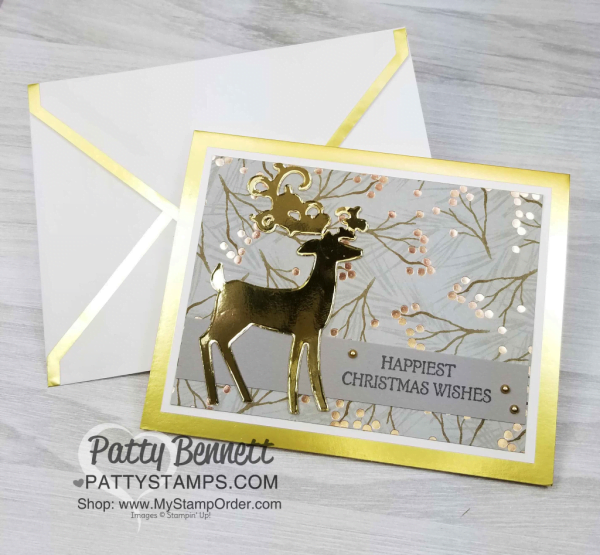 Dashing Deer gold and silver-edged Christmas card idea featuring Stampin' Up! Joyous Noel paper and metallic pearls. by Patty Bennett www.PattyStamps.com
