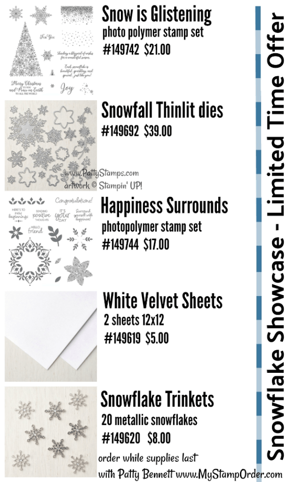 Snow is Glistening and Happiness Surrounds limited-time offer stamp sets from Stampin' UP!. While supplies last Nov. 2018 at www.MyStampOrder.com