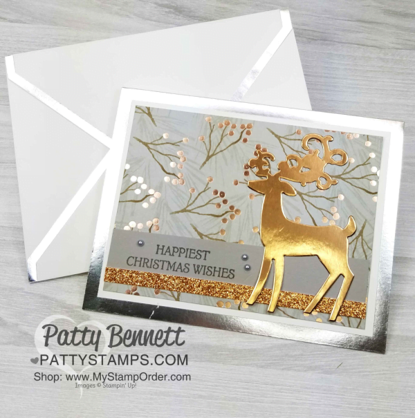 Dashing Deer gold and silver-edged Christmas card idea featuring Stampin' Up! Joyous Noel paper and metallic pearls. by Patty Bennett www.PattyStamps.com