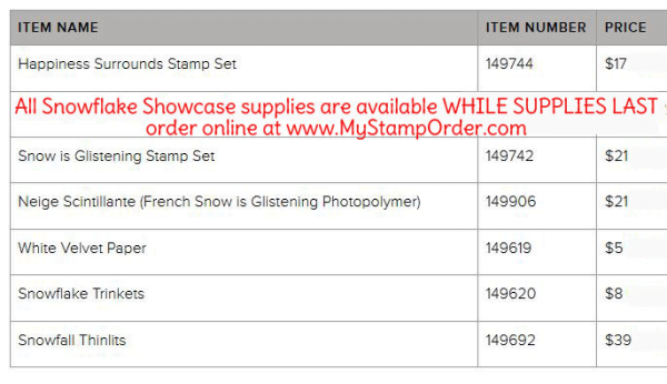 Snow is Glistening and Happiness Surrounds limited-time offer stamp sets from Stampin' UP!. While supplies last Nov. 2018 at www.MyStampOrder.com