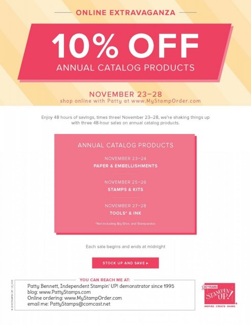 Stampin' UP! 2018 Online Extravaganza Sale! 10% off nearly everything in the 2018-2019 Annual Catalog! Shop with Patty at www.MyStampOrder.com