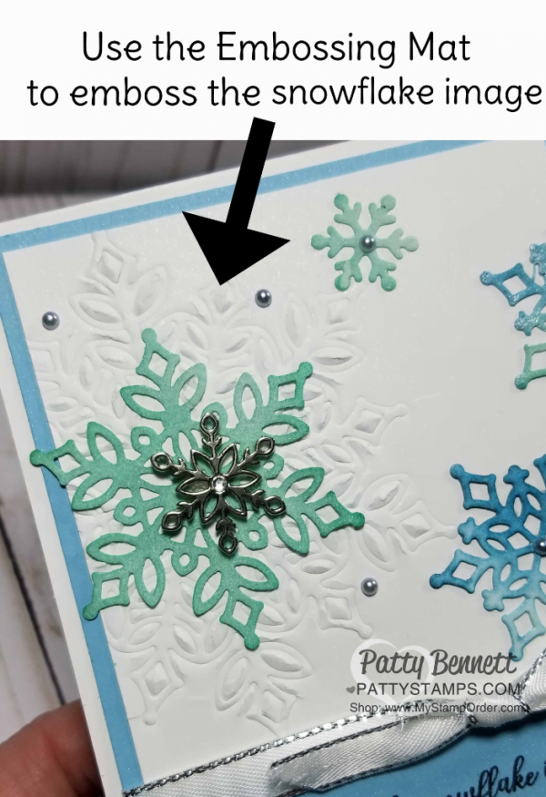 Use the Embossing Mat in your big shot with the Snow is Glistening Stamp set and Snowfall thinlits available starting today, Nov. 1, 2018 while supplies last at www.MyStampOrder.com