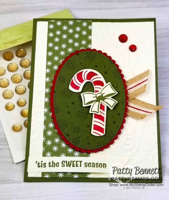 Candy Cane Builder Punch Christmas Card idea featuring Gold Faceted Gems colored with Cherry Cobbler Stampin' Blends markers. www.PattyStamps.com