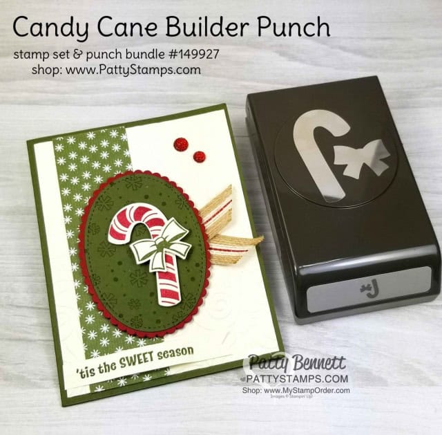 Candy Cane Builder Punch Christmas Card idea featuring Gold Faceted Gems colored with Cherry Cobbler Stampin' Blends markers. www.PattyStamps.com