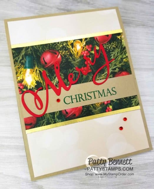 Merry Christmas to all Stampin' Up! stamp set and thinlit dies Christmas / Holiday card idea featuring All is Bright designer paper and Gold Foil paper. Handmade cards by Patty Bennett www.PattyStamps.com