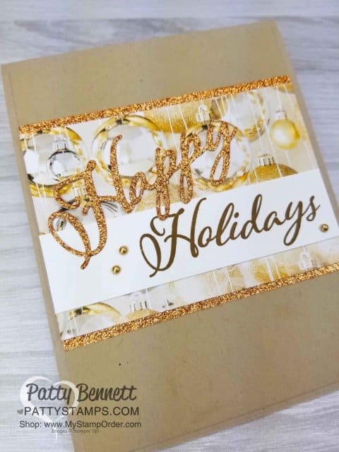 Merry Christmas to all Stampin' Up! stamp set and thinlit dies Christmas / Holiday card idea featuring All is Bright designer paper and Gold Glimmer paper. Handmade cards by Patty Bennett www.PattyStamps.com