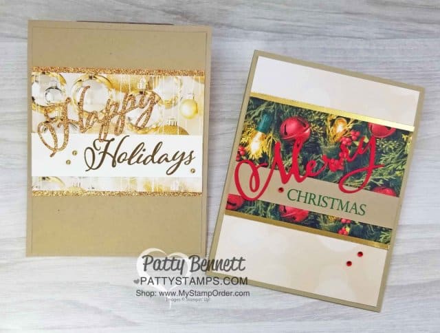 Merry Christmas to all Stampin' Up! stamp set and thinlit dies Christmas / Holiday card idea featuring All is Bright designer paper and Gold Glimmer & Foil paper. Handmade cards by Patty Bennett www.PattyStamps.com
