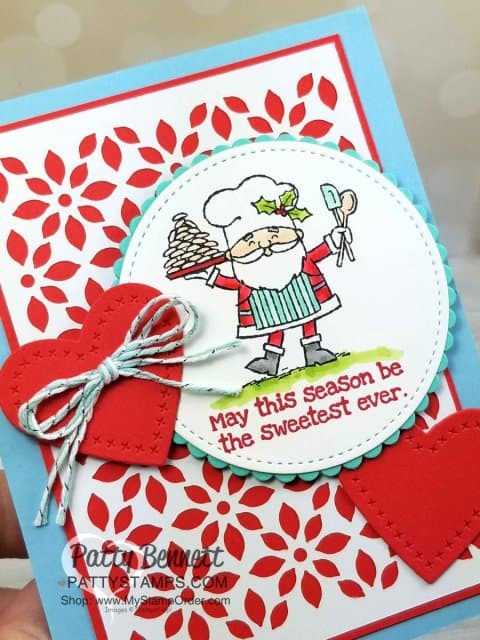 So Santa Christmas card idea featuring Delightfully Detailed laser cut paper background and stitched die cut hearts from the Stampin' UP! Sweetly Stitched framelit dies. Handmade card by Patty Bennett www.PattyStamps.com