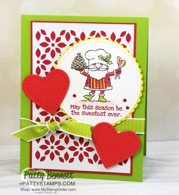 So Santa Christmas card idea featuring Delightfully Detailed laser cut paper background and stitched die cut hearts from the Stampin' UP! Sweetly Stitched framelit dies. Handmade card by Patty Bennett www.PattyStamps.com