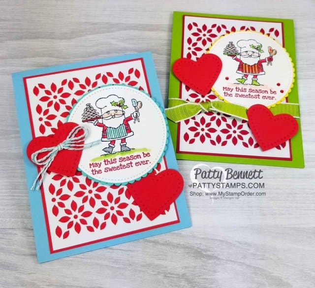 So Santa Christmas card idea featuring Delightfully Detailed laser cut paper background and stitched die cut hearts from the Stampin' UP! Sweetly Stitched framelit dies. Handmade card by Patty Bennett www.PattyStamps.com