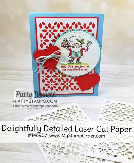 So Santa Christmas card idea featuring Delightfully Detailed laser cut paper background and stitched die cut hearts from the Stampin' UP! Sweetly Stitched framelit dies. Handmade card by Patty Bennett www.PattyStamps.com