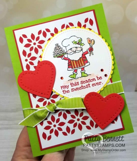 So Santa Christmas card idea featuring Delightfully Detailed laser cut paper background and stitched die cut hearts from the Stampin' UP! Sweetly Stitched framelit dies. Handmade card by Patty Bennett www.PattyStamps.com