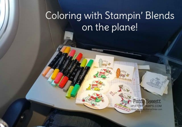 Coloring with Stampin' Blends alcohol markers on the plane! Love passing the time this way. So Santa Stampin' Up! stamp set die cut with Stitched Shape framelits. by Patty Bennett www.PattyStamps.com