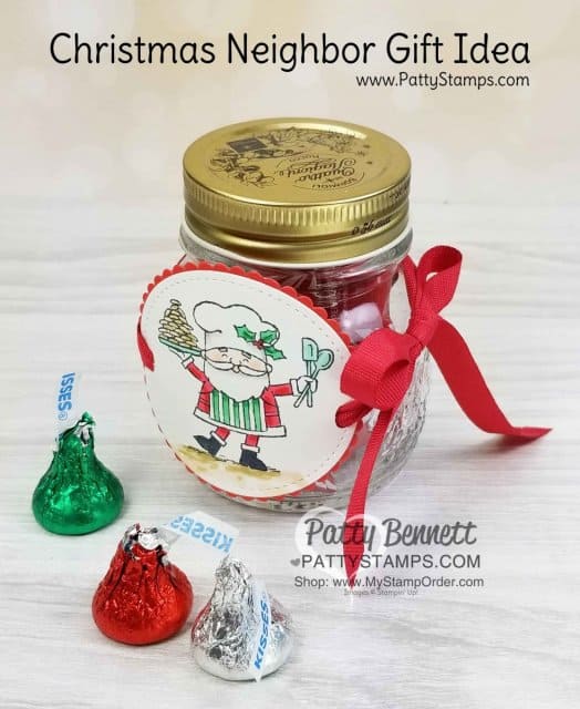 Christmas Neighbor Gift Idea featuring Stampin' UP! So Santa stamp set colored with Stampin Blends markers. Cute jar from Container Store. Holiday DIY craft project idea by Patty Bennett www.PattyStamps.com