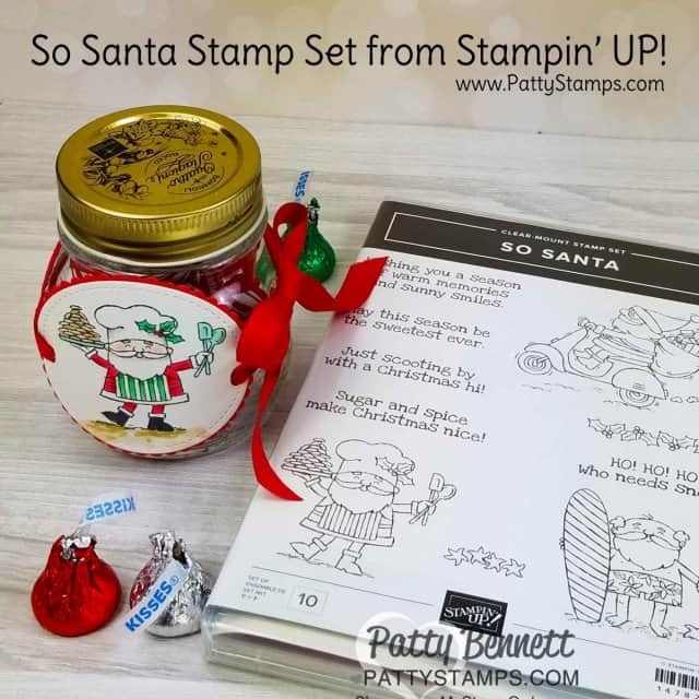 Christmas Neighbor Gift Idea featuring Stampin' UP! So Santa stamp set colored with Stampin Blends markers. Cute jar from Container Store. Holiday DIY craft project idea by Patty Bennett www.PattyStamps.com