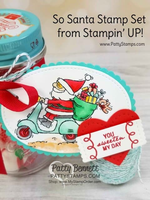 Christmas Neighbor Gift Idea featuring Stampin' UP! So Santa stamp set colored with Stampin Blends markers. Cute jar from Container Store. Holiday DIY craft project idea by Patty Bennett www.PattyStamps.com