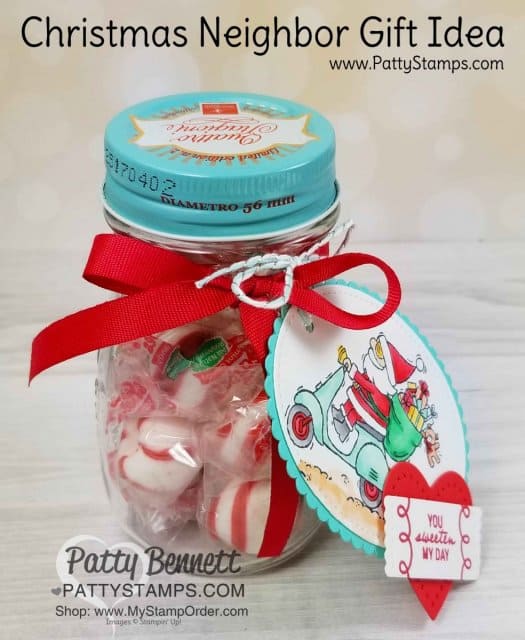 Christmas Neighbor Gift Idea featuring Stampin' UP! So Santa stamp set colored with Stampin Blends markers. Cute jar from Container Store. Holiday DIY craft project idea by Patty Bennett www.PattyStamps.com