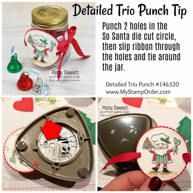 Detailed Trio Corner punch tip for my Christmas Neighbor Gift Idea featuring Stampin' UP! So Santa stamp set colored with Stampin Blends markers. Cute jar from Container Store. Holiday DIY craft project idea by Patty Bennett www.PattyStamps.com