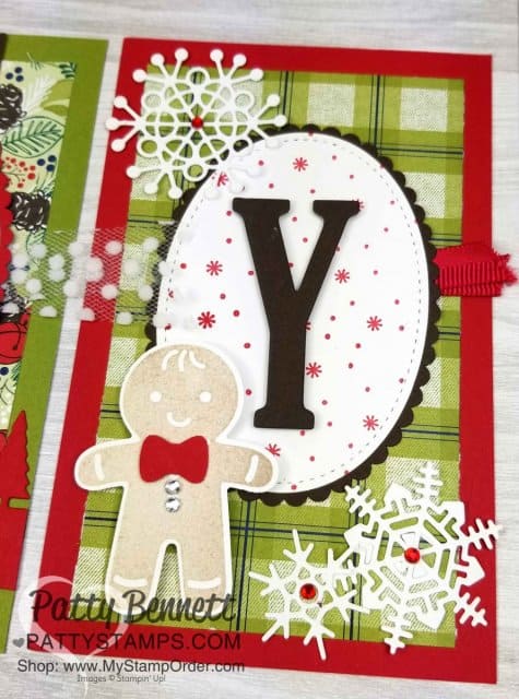 JOY Christmas banner or framed home decor piece! DIY papercrafting project features Stampin' UP! Under the Mistletoe designer paper, In the Woods bundle, Hometown Greetings thinlits and Gingerbread man stamp/punch. www.PattyStamps.com