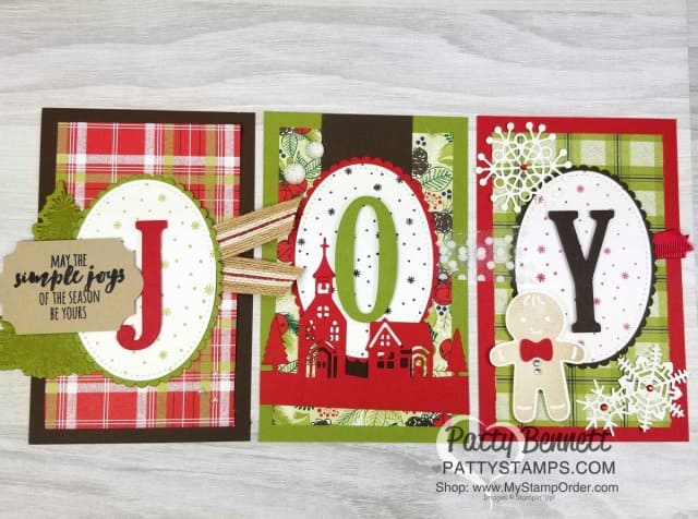 JOY Christmas banner or framed home decor piece! DIY papercrafting project features Stampin' UP! Under the Mistletoe designer paper, In the Woods bundle, Hometown Greetings thinlits and Gingerbread man stamp/punch. www.PattyStamps.com