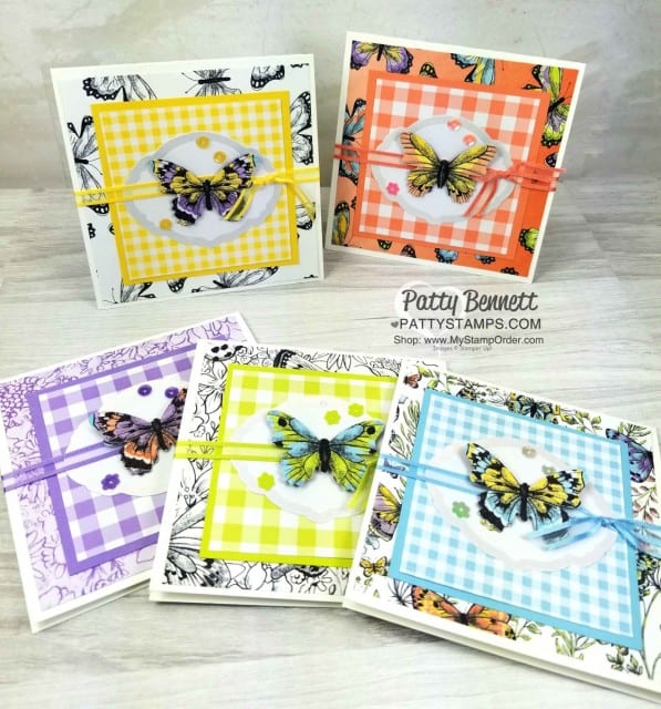 Butterfly Gala Note Card Ideas featuring Stampin' Up! Gigham Paper, Botanical Butterfly designer paper, and Butterfly Gala bundle/ Butterfly Duet punch. Occasions catalog and Sale-a-Bration 2019 products. Cards by Patty Bennett www.PattyStamps.com