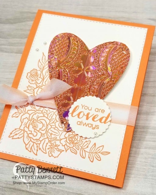 Stampin' UP! Grapefruit Grove Foil heart card featuring Stitched Heart Framelits & Lace Dynamic Embossing Folder. Climbing Rose stamped image & Petal Pink Ombre ribbon. Card by Patty Bennett, www.PattyStamps.com