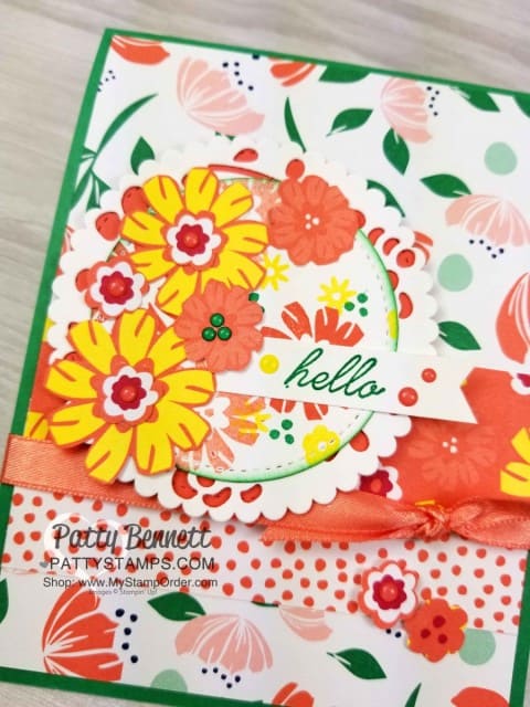 Card Idea featuring Happiness Blooms suite - 2019 Stampin' UP! Occasions catalog floral stamp set, designer paper and accessories. by Patty Bennett, www.PattyStamps.com