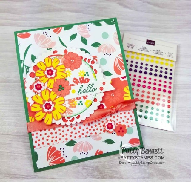 Card Idea featuring Happiness Blooms suite - 2019 Stampin' UP! Occasions catalog floral stamp set, designer paper and accessories. by Patty Bennett, www.PattyStamps.com