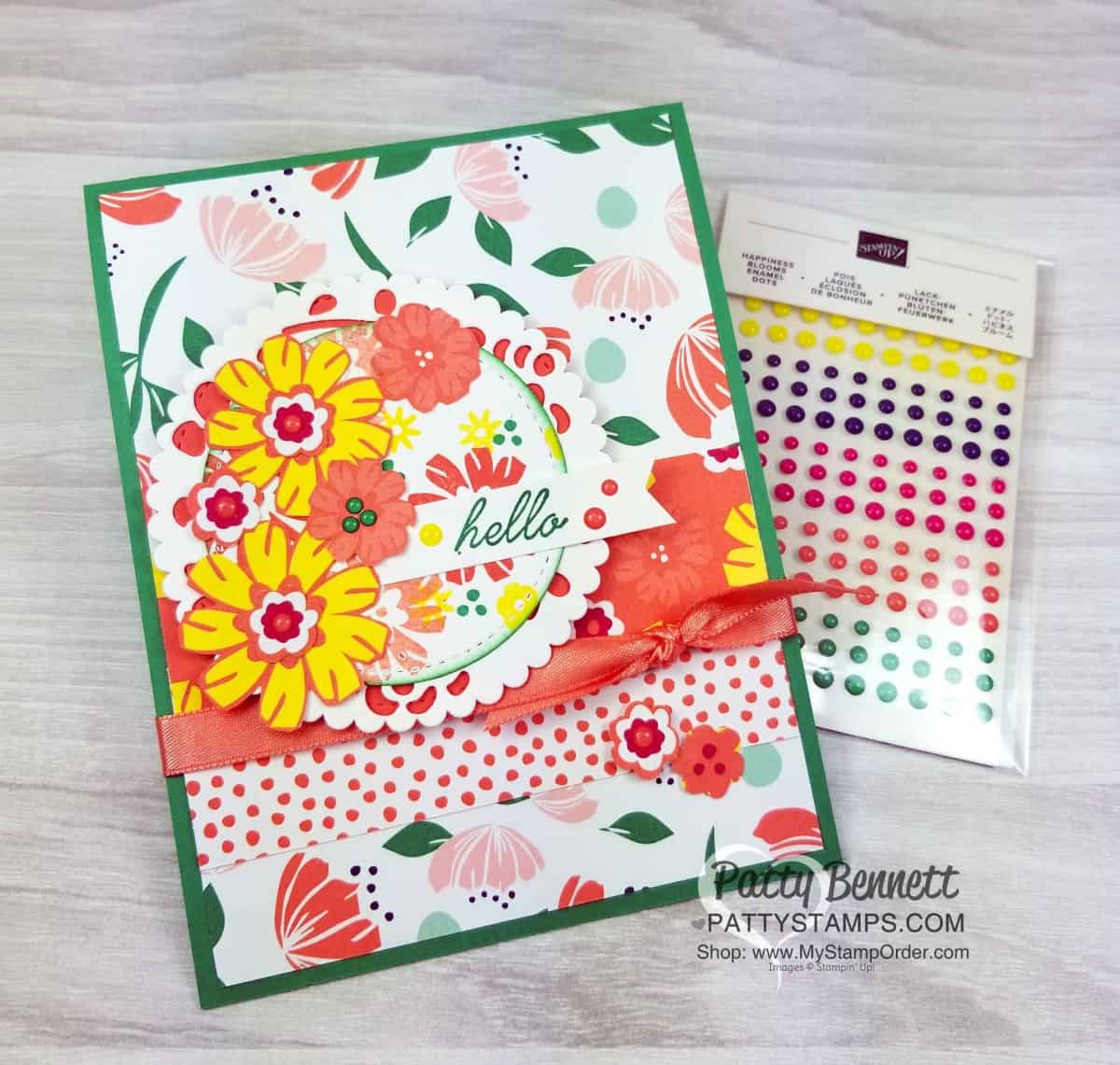 Card Idea featuring Happiness Blooms suite - 2019 Stampin' UP! Occasions catalog floral stamp set, designer paper and accessories. by Patty Bennett, www.PattyStamps.com