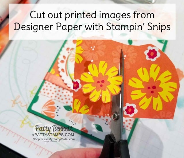 Use paper snips to cut out printed floral images in the Happiness Blooms designer paper pack from Stampin' UP!. www.PattyStamps.com