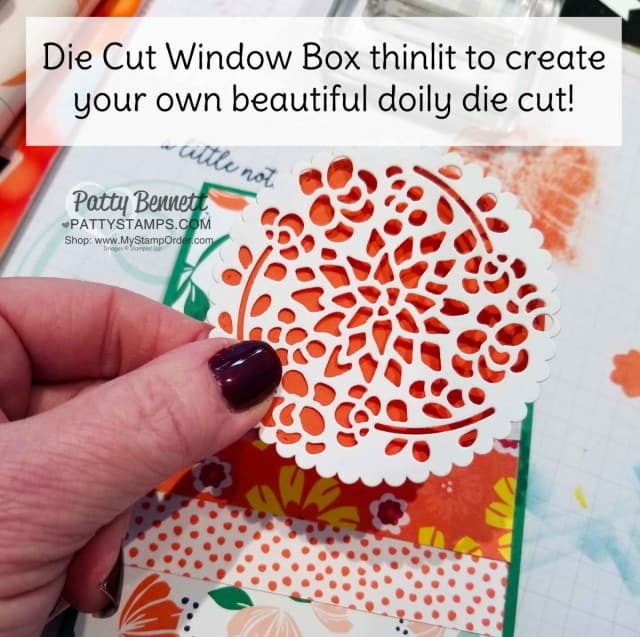 Make your own pretty paper doily with the Window Box thinlit from Stampin' UP!. Use scalloped circle framelit for scalloped edge. by Patty Bennett www.PattyStamps.com