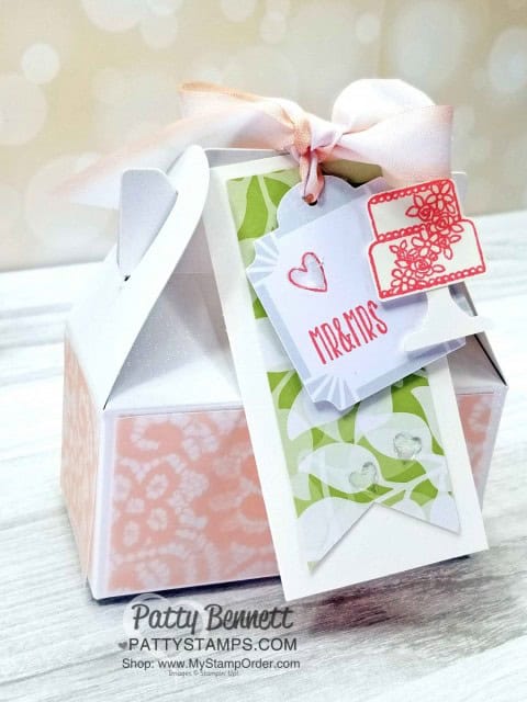 Wedding Gift Card Holder or Favor idea featuring Stampin' UP! Lustrous White Gable Box and Floral Romance designer paper. Tag features Piece of Cake stamp set and Cake Builder punch with epoxy hearts. By Patty Bennett www.PattyStamps.com