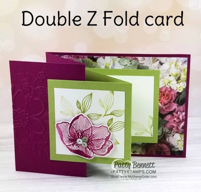 Double Z Fold Card idea featuring Stampin' Up! Petal Promenade paper and the Lovely Floral Embossing Folder. Swap card received at OnStage.