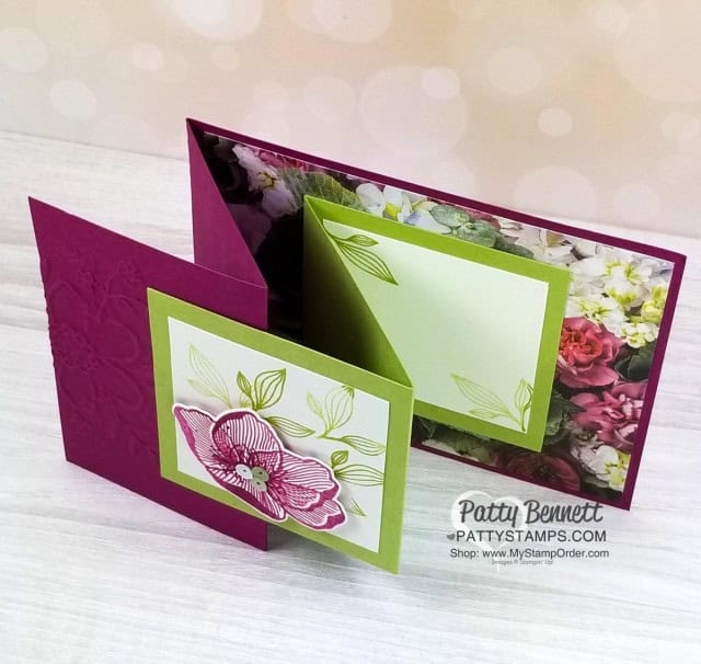 Double Z Fold Card idea featuring Stampin' Up! Petal Promenade paper and the Lovely Floral Embossing Folder. Swap card received at OnStage.