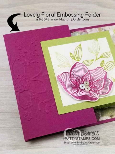 Double Z Fold Card idea featuring Stampin' Up! Petal Promenade paper and the Lovely Floral Embossing Folder. Swap card received at OnStage.