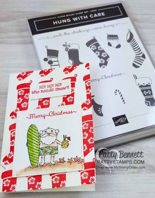 Tropical Christmas Card Idea featuring Stampin ' Up! So Santa set and Hung with Care hostess set. Note card with Holiday catalog sets by Patty Bennett www.PattyStamps.com