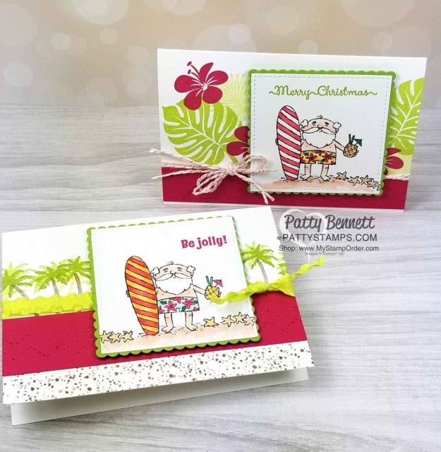 Tropical Christmas Card Idea featuring Stampin ' Up! So Santa set, Waterfront set and Tropical Chic set. Note card with Holiday catalog sets by Patty Bennett www.PattyStamps.com