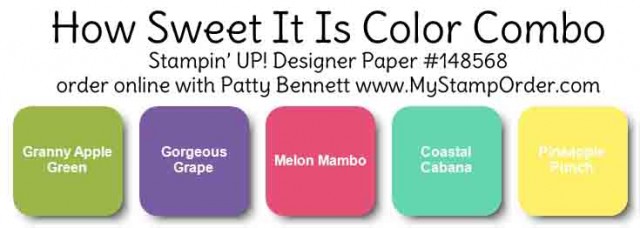Color Combo for Stampin' UP! How Sweet It Is designer paper, #148568 Occasions catalog. Available online www.MyStampOrder.com