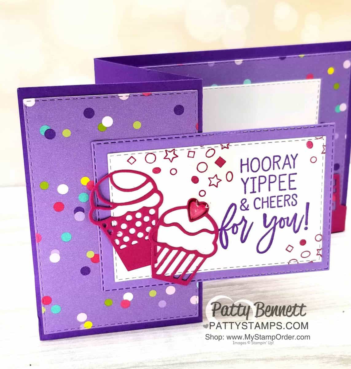 Stampin' UP! Birthday Cheer Z Fold Card Idea, featuring How Sweet it Is designer paper and fun Detailed Birthday edgelit cupcake die cuts. By Patty Bennett www.PattyStamps.com