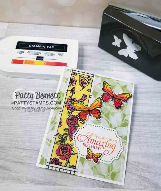 Stampin' UP! Butterfly Gala stamp set / punch bundle Monarch butterfly card featuring Graceful Glass Vellum and Spectrum rainbow pad, by Patty Bennett, www.PattyStamps.com