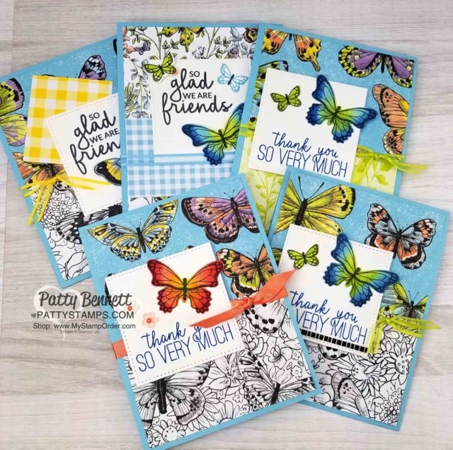 Handmade butterfly cards featuring Stampin' UP! Butterfly Gala stamp set and Butterfly Duet punch bundle, and Botanical Butterfly designer paper, free gift choice during Sale-a-Bration 2019. Cards by Patty Bennett, www.PattyStamps.com