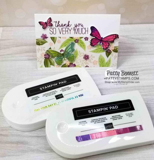 Stampin' UP! Spectrum Rainbow pad inked with reinkers for the Butterfly Gala stamp set. Notecard idea from Patty Bennett, www.PattyStamps.com