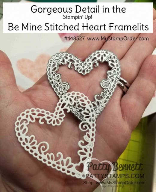 Paper Crafting with Stampin' Up! Occasions Catalog 2019 die cut hearts: Be Mine Stitched Framelit dies. Shop www.MyStampOrder.com
