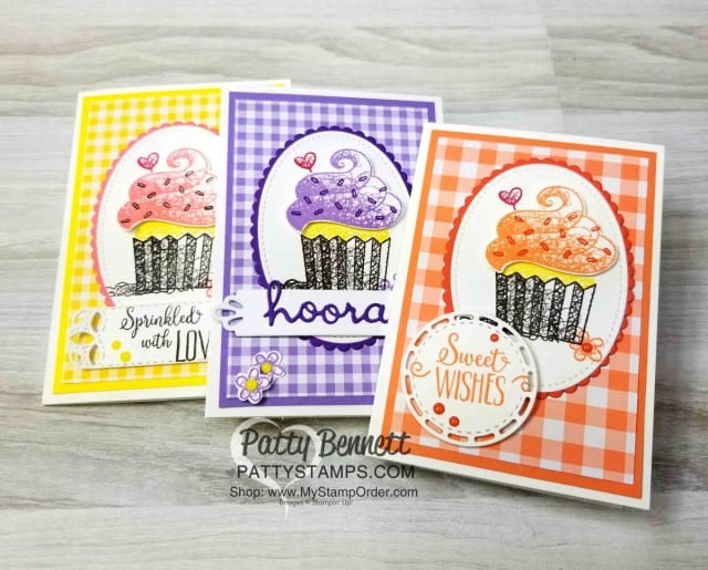 Stampin' UP! Hello Cupcake stamp set birthday card idea featuring Sale-a-Bration free gift set available through 3-31-19. Gingham Gala plaid paper background #148554. Shop with Patty Bennett www.PattyStamps.com