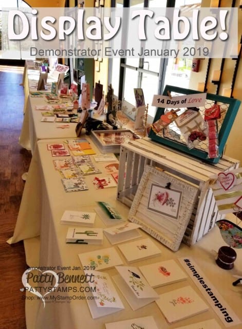 Stampin' UP! Demonstrator event January 2019 hosted by Patty Bennett & Gina Cardera. Garre Winery, Livermore, CA. Display Tables of papercrafting projects brought by demonstrators!
