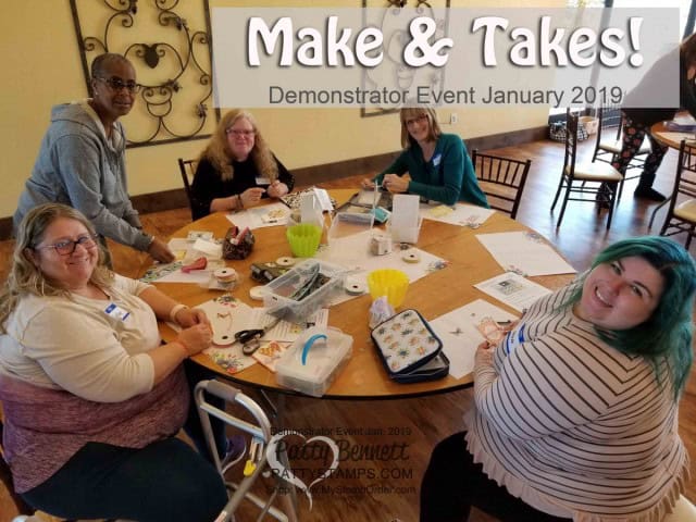 Stampin' UP! Demonstrator event January 2019 hosted by Patty Bennett & Gina Cardera. Garre Winery, Livermore, CA. Happy Stampers creating projects at the Make & Take tables!