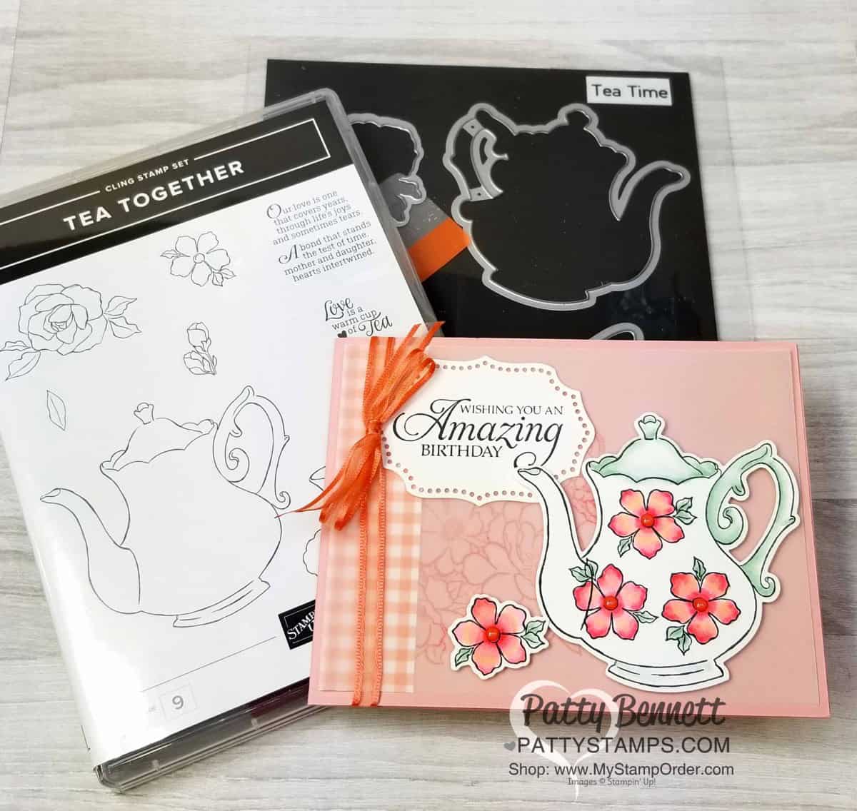 Stampin' UP! Tea Together Note Card idea and video tutorial by Patty Bennett. Card also features Lovely Lattice stamp background, with Tea Time framelits and Stampin' Blends markers. www.PattyStamps.com